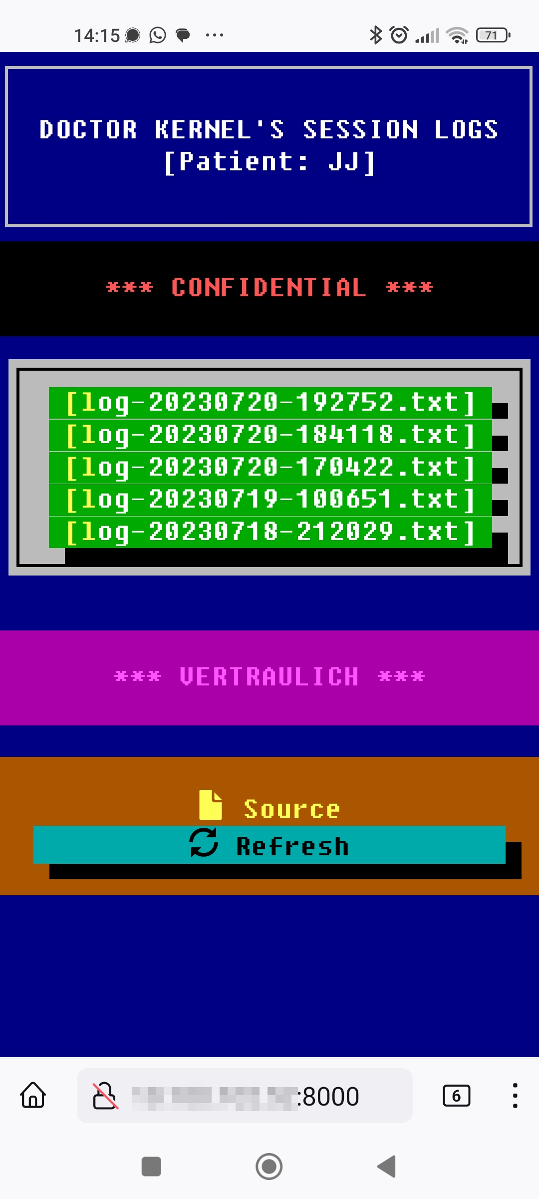 Screenshot of the session log web server