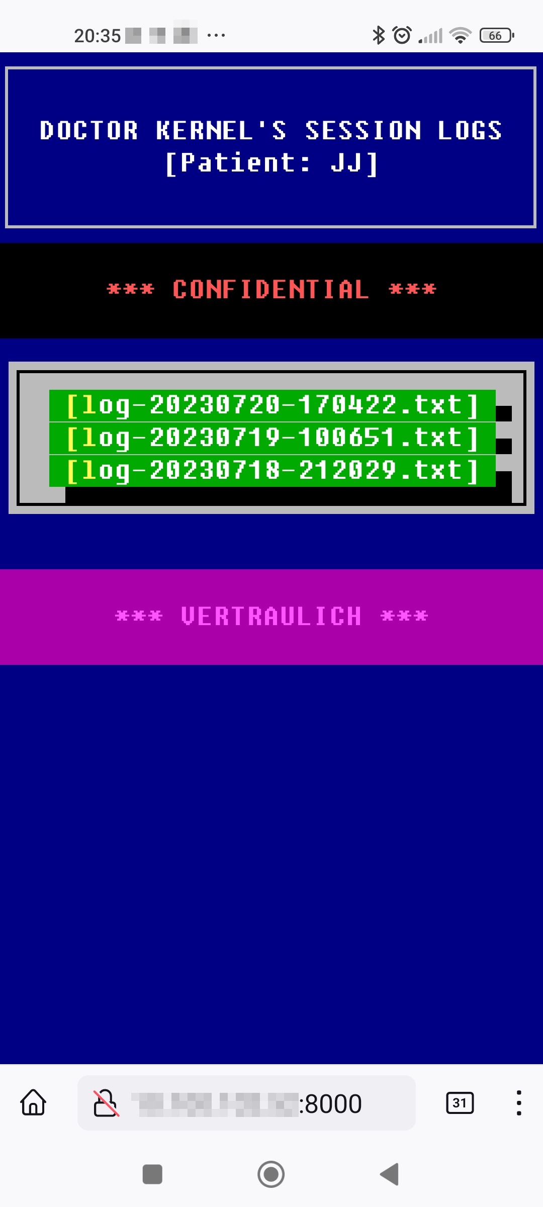 Screenshot of the session log web server