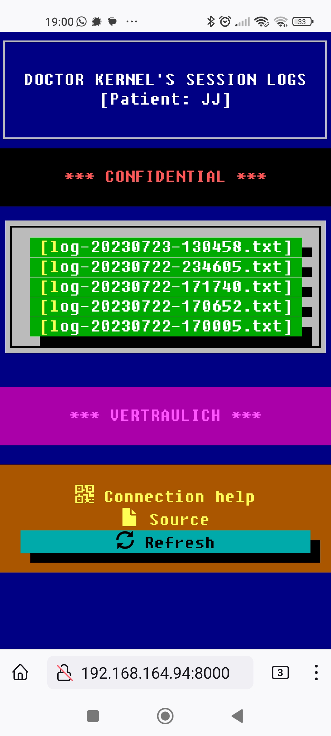 Screenshot of the session log web server